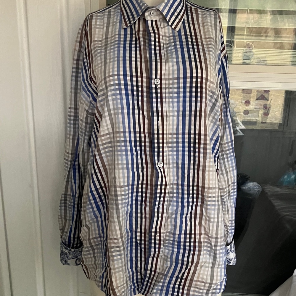 L (16-16.5 inch neck) Striped Button-Up Shirt with blue & white Paisley accents.